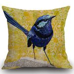 Smooffly Oil Painting Blue Robin Bird Cushion Case Cover Yellow Background Lovely Animal with Chrysanthemum Pattern Cotton Linen Decorative Throw Pillow Covers 18x18 for Sofa