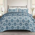 Exclusivo Mezcla Reversible Boho Quilt Set King Size, 3 Pieces Damask Blue All Season Bedspreads, Ultra Soft Floral Coverlet Bedding Set with Printed Pattern (1 Quilt, 2 Pillow Shams)