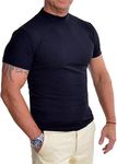 D&R Fashion Men's Black Slim Fit Stretchy Lightweight Short Sleeve T-Shirt Ribbed Pattern Turtleneck Mock Tee Shirt Top Under Blazer UK Size M Medium