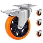 Krevia 5 Inch 360 Degree PU Swivel Caster Wheels | Set Of 4 Heavy Duty Locking Bearing Industrial Casters with Brake | Noise-Free Swivel Plate Caster Wheels for Cart, Furniture, Workbench (Orange)