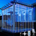 Solar Curtain Lights Outdoor Garden, 3×3m 300LED, Upgraded USB Powered, Remote Control Fairy Lights, 8 Modes 4 Brightness, IP67 Waterproof String Lights for Bedroom Outdoor Decoration (Blue White)