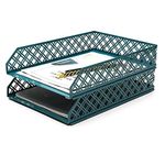 Exerz Letter Trays 2pcs Stackable Paper Sorter/Desk Organiser/File Tray Rack Wire Mesh Metal - Office, School, Home (Aegean Blue)