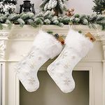 OTTYMO 2Pcs Large Christmas Stockings 20" White Plush Faux Fur Xmas Stockings Sequin Snowflake Christmas Stockings for Tree Decoration Christmas Ornament Santa Home Fireplace Decor Family Friend Gift