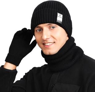 Men‘s Beanie Scarf Gloves Set Winter Fleece Lining Thick Warm Knitted Slouchy Beanies &Finger Gloves&Ring Scarf K285 Black