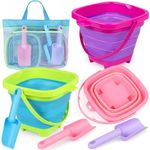 TSDATOWR Collapsible Beach Buckets for Kids, Foldable Sand Buckets and Shovels with Mesh Beach Bag, Silicone Beach Sand Pails for Beach Travel, Beach Toys Sand Toys for Kids & Toddlers (3 Buckets)