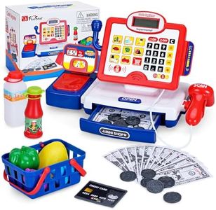 FS Toy Cash Register for Kids with Scanner, Play Money, Credit Card, Shopping Basket, Pretend Play Toys Grocery Store Items for Toddler Age 3-5-7 Years Old Boys and Girls Preschool Learning Activities