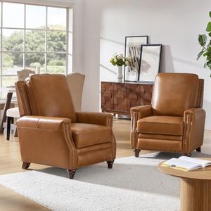 HULALA HOME Genuine Leather Manual Recliners Set of 2 with Wood Legs, Camel