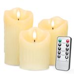 Battery Operated Drip Wax LED Flameless Candles with Remote and Timer, Pillar Real Wax Candles Flickering Wick for Festival Wedding Home Party Decor(Pack of 3)-Classic Ivory