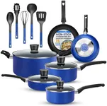 SereneLife Kitchenware Pots & Pans Basic Kitchen Cookware, Black Non-Stick Coating Inside, Heat Resistant Lacquer (15-Piece Set), One Size, Blue