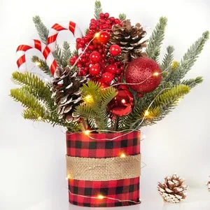 Small Table Top Christmas Tree with Lights, Mini Christmas Tree Decorations with Candy Cane Pine Cones Berries Norfolk Pine Stems Ornaments for Home Party Office Table Indoor Decorations 12Inch, Red