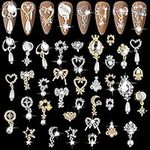 36 Pcs Luxury Nail Art Rhinestone, EBANKU 3D Shiny Nail Art Charms Diamonds Metal Nail Jewelry Nail Beauty Design Charms Gold Silver Heart Pearl Crystal Gems for Girl Women DIY Nail Design