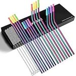 VEHHE Reusable Straws Metal Straws with Silicone Tips Travel Case - Long Drinking Straws for 30 oz and 20 oz Tumblers Yeti Dishwasher Safe - 4 Cleaning Brushes, 16-Pack, Gift Box Included (Rainbow)