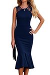 PRETTYGARDEN Women's Elegant Midi Bodycon Dress Sleeveless Backless Ruffle Hem Mermaid Formal Cocktail Wedding Guest Dresses (Navy,Medium)