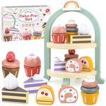 Airlab Wooden Birthday Cake Toy, Wooden Tea Set for Toddlers, Play Food Set for Children Kitchen Accessories, Afternoon Tea Party Pretend Role Play Toy with Cupcakes and Cake Stand for Girls or Boys