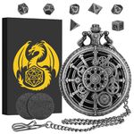 Mini DND Dice Set with Steampunk Pocket Watch Case in Dark Silver with Hollow Gear, 7-Piece Polyhedral D&D Dice Set Made of Metal, DND Gifts, Role Play Board Game Accessories, Dark Silver