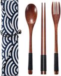 Iktu 3pcs Reusable Spoon Chopsticks Fork Set - Natural Bamboo Wooden Cutlery Set Portable, Reusable Wooden Travel Cutlery Gift Set with Pouch, Flatware Reusable Fork Spoon Chopsticks Set (Pouch Design May Vary) (Black Thread)