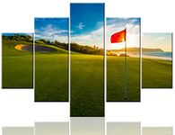 Golfing Pictures for Living Room Golf Course Scenery Paintings Red Flag Artwork 5 Piece Canvas Wall Art HD Prints Contemporary House Decoration Wooden Framed Gallery-Wrapped Ready to Hang(60''Wx40''H)