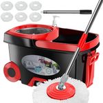 FunClean Spin Mop and Bucket,Mop and Bucket with Wringer Set for Home,360 Spinning Mopping Floor Cleaning Tool with 6 Microfiber Replacement Head Refills,61" Extended Handle, 2X Wheel - Black