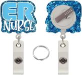 Badge Reel Holder Retractable with Swivel Alligator ID Clip, Funny Glitter Name Tag Card Badge Reel for Nurse Nursing Work Teacher Doctor RN LPN CNA Medical Assistant Office (ER Nurse-Blue)