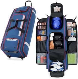 Fanwoli 90L Catchers Gear Bag with Wheels, Rolling Baseball & Softball Bag for 8 Bats, Multi-Pockets, Shoe Compartment, Reflective Strip, Fence Hook, Portable Equipment Bags for Youth & Adult, Blue