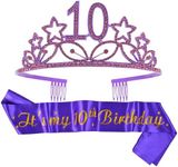 MEANT2TOBE 10th Birthday Sash and Tiara for Girls - Fabulous Glitter Sash + Stars Rhinestone Purple Premium Metal Tiara for Girls, 10th Birthday Gifts for Princess Party