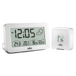 Braun Digital Weather Station Clock with Indoor and Outdoor Temperature and Humidity, Forecast, LCD display, Quick-set, Crescendo beep alarm in white, model BC13WP.