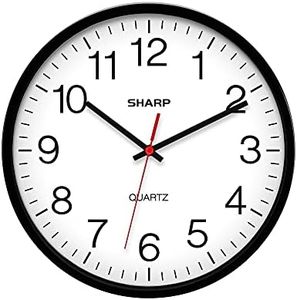 SHARP Wall Clock Silent Non Ticking 10 Inch Quality Quartz Battery Operated Round Easy to Read Home/Kitchen/Office/Classroom/School Clocks, Sweep Movement,Black