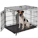 Dog Cage, 42 Inches Large Dog Crate Metal Double Door Folding Metal Pet Dog Kennel with Divider Panel, Leak-Proof Plastic Pan, Indoor Outdoor Pet Crates for Small Medium Large Pets