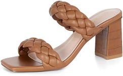 Athlefit Women's Braided Heeled Sandals Strappy Square Open Toe Heels Backless Mules Slip On Block Tan Heels Size 9