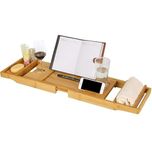 Bamboo Bathtub Tray, 29.3"-43.5" Expandable Bath Table Over Tub with Wine and Book Holder, Phone & Cup Slot, Two Removable Trays and Free Soap Dish Luxury Bamboo Organizer Tray for Bathroom - HBA-029