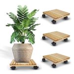 Sharpex Pack of 4 Wooden Trolley for Plants, Flower Pots | Heavy Duty Rolling Plant Stand with Locking Wheels | Squre Plant Roller Base for Indoor Patio Outdoor Potted Planter (Brown)