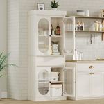 GarveeHome Kitchen Pantry Cabinet, Tall Storage Cabinet with Glass Doors and Adjustable Shelves, Freestanding Cupboard with Drawer for Bathroom, Dining Room, Living Room, White