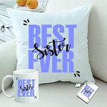 PICRAZEE “Best Sister Ever” Gift for Sister on Her Birthday (1 pc 12”x12” Satin Cushion with Filler, Coffee Mug& Key Ring) (Best Sister Ever)