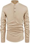 HOOGRIN Boys Cotton Linen Henley Shirt Button Down Shirt Long Sleeve T Shirt Beach Shirt Tee Casual Solid Tops,Khaki,7 Years-8 Years