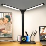 Qooltek Dual Swing Arm LED Desk Lamp with USB Charging Port, 5 Color Modes Dimmable Table Lamp with Pen Holder, Touch Control Reading Light for Home Office, Eye-Caring Desk Light with Timer, Black