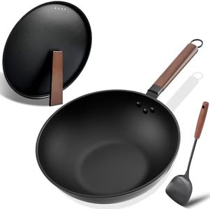 Carbon Steel Wok, 32cm, Pre-Seasoned, Non-Stick, with Lid and Spatula, Flat Bottom, Frying Pan Chinese Wok Pan Ideal for Stovetop Cooking,Induction