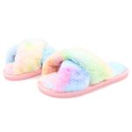 Topgalaxy.Z Women's Cross Band Soft Plush Fuzzy House/Indoor Slippers,Open Toe Faux Fur Fluffy Flats Slippers Warm Comfy Cozy Bedroom Slide Slippers (Rainbow, Numeric_9)