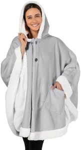 PAVILIA Sherpa Fleece Wearable Blanket for Adult Women, Cozy Plush Blanket Poncho Cape with Hood, Super Soft Shawl, Angel Wrap Throw for Office, Light Gray