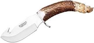 Skinning Knife Joker Jabato CT28, Hand Carved, Deer Horn Handle, 11 cm Blade, Brown Leather Sheath, Tool for Fishing, Hunting, Camping and Hiking