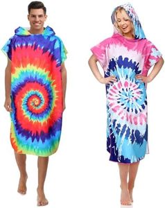 Jeyiour 2 Pcs Surf Poncho Changing Robe with Hood Microfiber Towel Quick Dry Beach Towel Wetsuit Changing Towel for Adult Men Women for Travel Yoga Gym Swim Pool (Multicolored,Tie Dye)