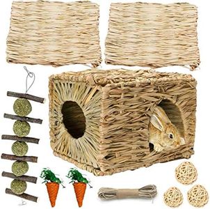 Hamiledyi Bunny Grass House with 2 Grass Mat and Play Balls Foldable Toy Hut for Rabbit, Squirrels, Guinea Pigs Play and Sleep Edible Grass Hideaway