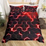 Homewish Honeycomb Bedding Set Single,Red Black Geometric Duvet Cover Neon Glitter Hexagon Geometry Comforter Cover For Kids Boys Teen Men Soft Lightweight Quilt Cover Bedroom Dorm Decor