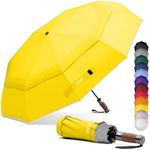 Royal Walk Windproof Folding Travel Umbrella Compact and Strong Luxurious Real Wood Handle Automatic Open Close Vented Double Canopy for Men and Women (Yellow)