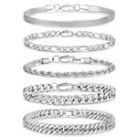 ABPBA 5 Pcs Stainless Steel Mens Chain Bracelet - Sturdy Curb Width Silver Rope Figaro Snake Cuban Link Chain Bracelet Set Stack Chain Bracelet for Men Women 6.5/7.5/8.3/9 Inches