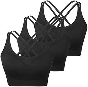 Womens Sports Bras - Cross Back Padded Wirefree Comfort Workout Bras for Yoga Fitness 3 Pack, B 3 Pack Black, XX-Large
