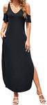 HUSKARY Women's Summer Maxi Dresses V Neck Cold Shoulder Short Sleeve Casual Loose Long Split Dress with Pocket, Black, Small