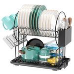 2 Tier Black Dish Drainer Rack with Drip Tray, Stainless Steel Draining Dish drainer with Draining Board and Utensils Holder, Dish Drying Rack for Small Kitchen Countertop