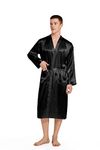 Elountik Men V Neck Satin Robe Kimono Long Bathrobe Lightweight Sleepwear Wedding Black