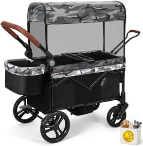 ELEMARA All-Terrain Stroller Wagon for 2 Kids, Foldable Kids Wagon Stroller Includes Removable Canopy,Mosquito net, Adjustable Push＆Pull Handle,Snack Tray & Cup Holders, Storage Basket, Black+White