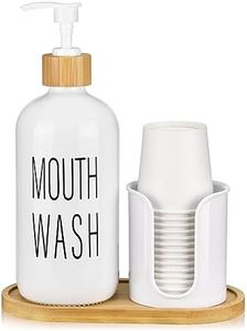 BYAWAY Glass Mouthwash Dispenser with Cup Holder - 16 oz Pump Bottle White Mouthwash Container for Bathroom - 14 Mouthwash Cups,Bamboo Tray and Funnel Included